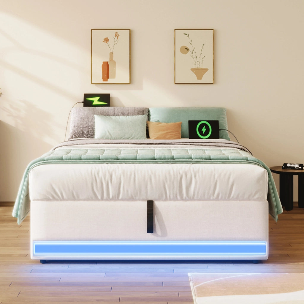 Letto imbottito 90x200 cm beige con LED, USB/Type-C e vano contenitore