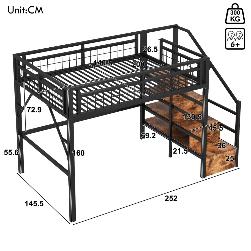 Letto a soppalco 140 x 200 cm nero con LED e gradini contenitore