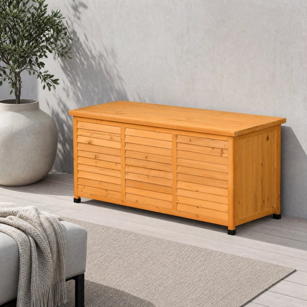 Baule da esterno in legno con coperchio apribile e rivestimento idrorepellente giallo 127 × 56 × 60 cm