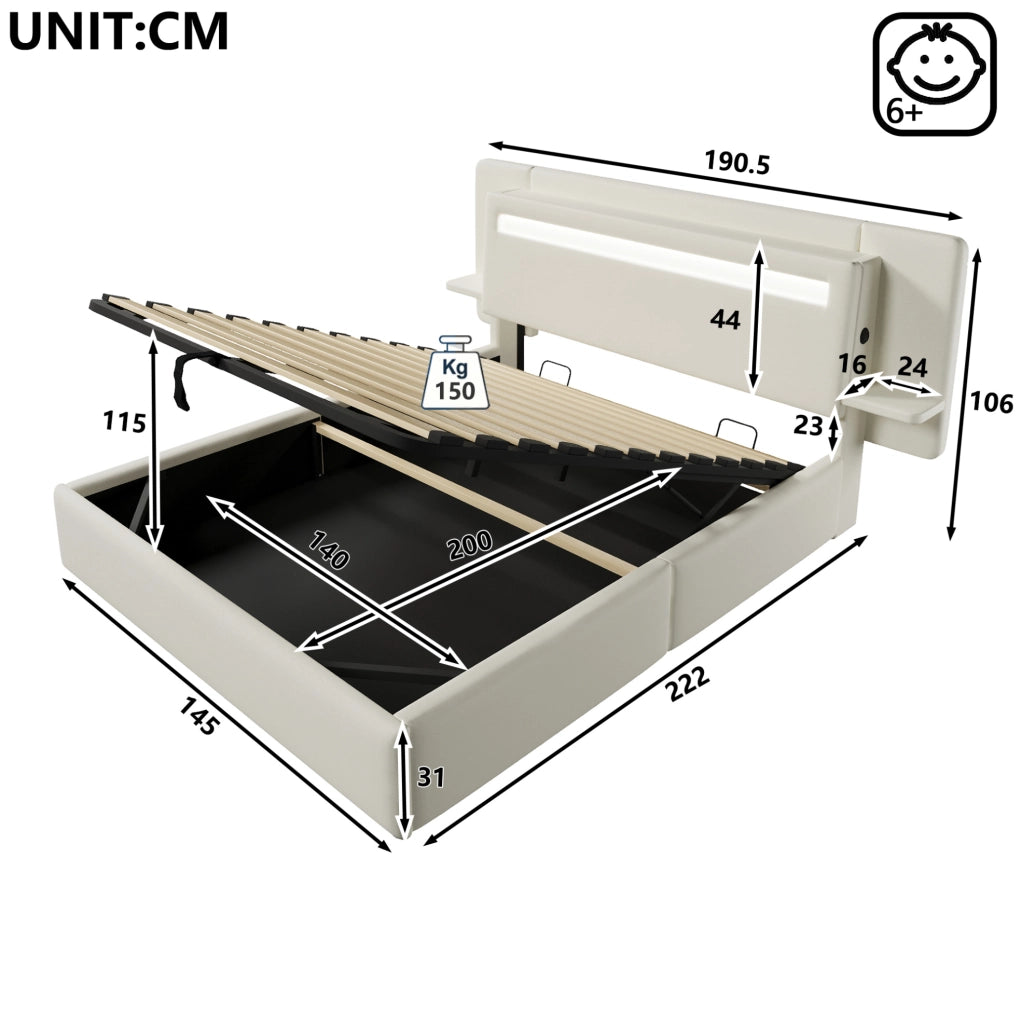 Letto imbottito 140 x 200 cm con contenitore idraulico, comodino integrato e luce LED multicolore beige