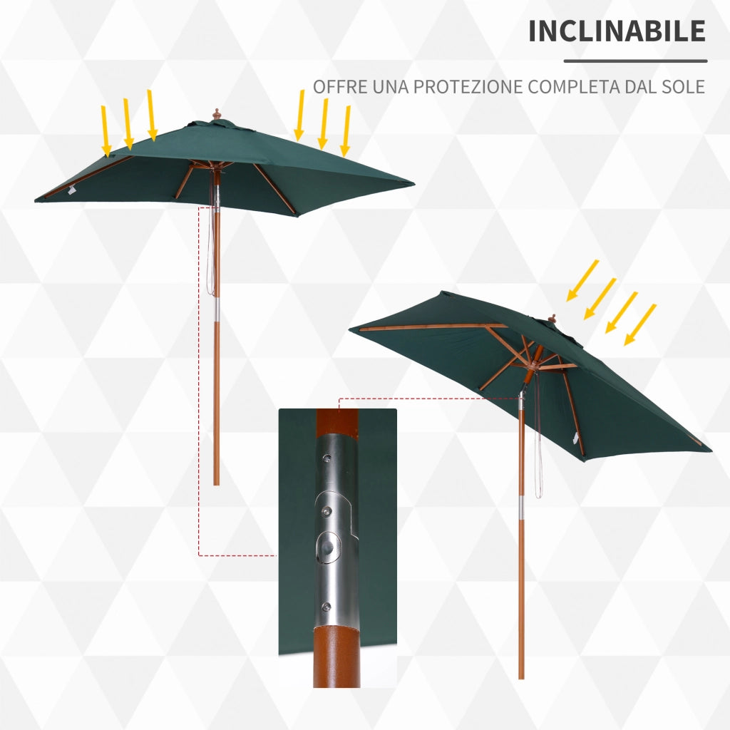 Ombrellone da Giardino 2x1.5 m Inclinabile con Palo in Legno 6 Stecche e Apertura a Corda, Verde