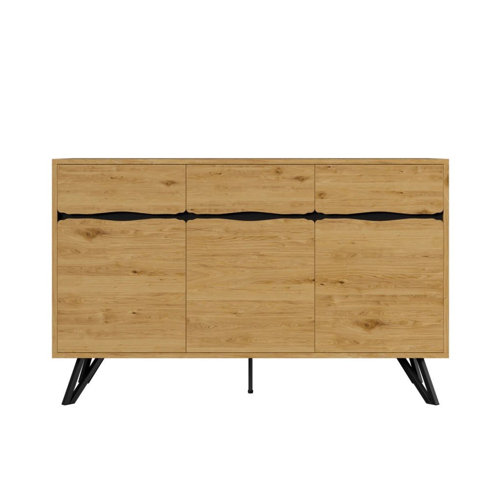 Credenza 140x40x75,5 cm nera effetto legno in truciolare, 3 ante