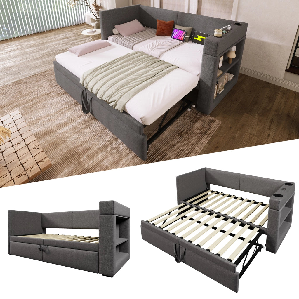 Letto con letto estraibile 90 × 200 cm con ricarica USB e Type-C portabevande rivestito in cotone e lino grigio