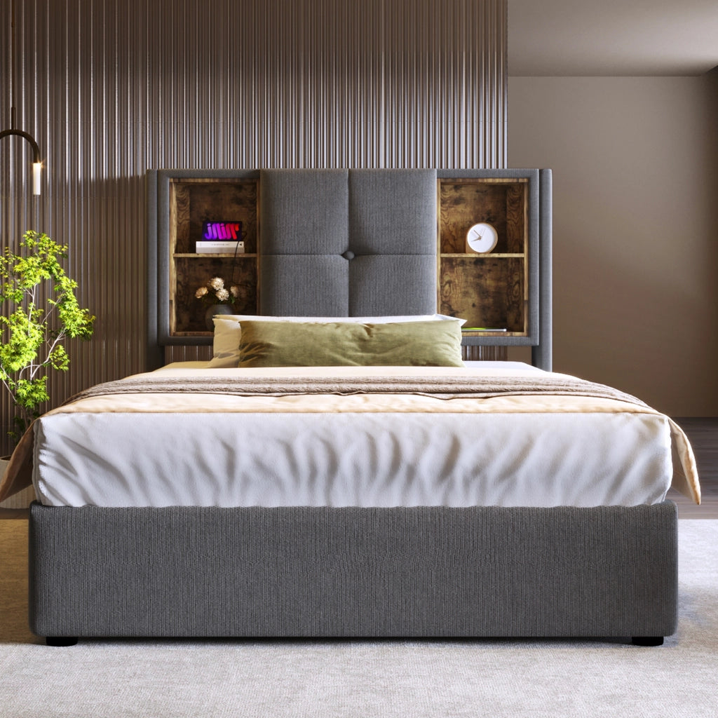 Letto Singolo 90x200 Imbottito Grigio con Contenitore e Ricarica Wireless