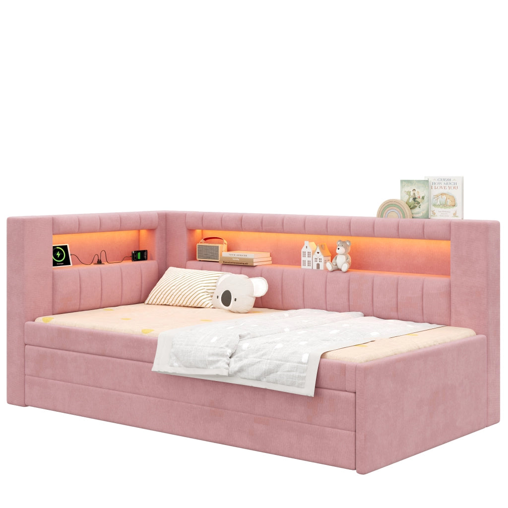 Letto singolo imbottito 90 × 200 cm con letto estraibile tre cassetti USB LED MDF e compensato rosa