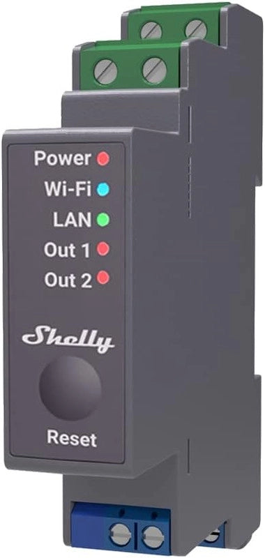SHELLY PRO 2 Relè montabile su guida DIN. 2 canali. Wi-Fi. LAN e Bluetooth. Automatizzazione tapparelle. Interruttori