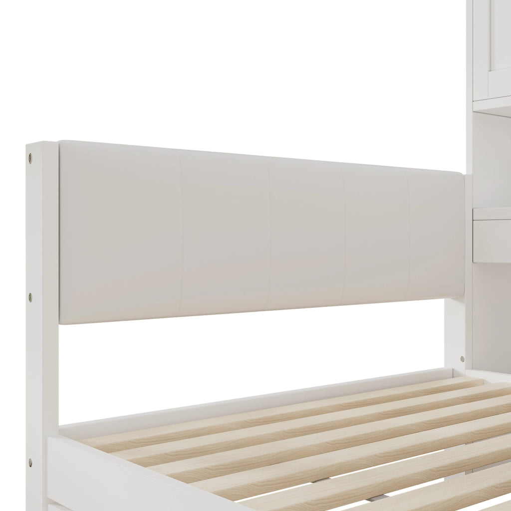 Letto singolo 90 × 200 cm con LED USB e USB-C cassetti ripiani testiera imbottita in PU MDF bianco