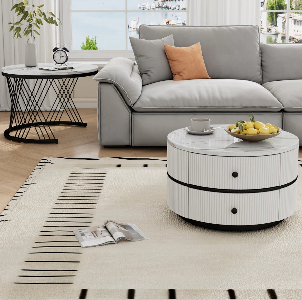 Set di 2 tavolini da caffè rotondi a incastro in MDF; bianco; 2 cassetti; 60×60×46 e 50×50×31 cm