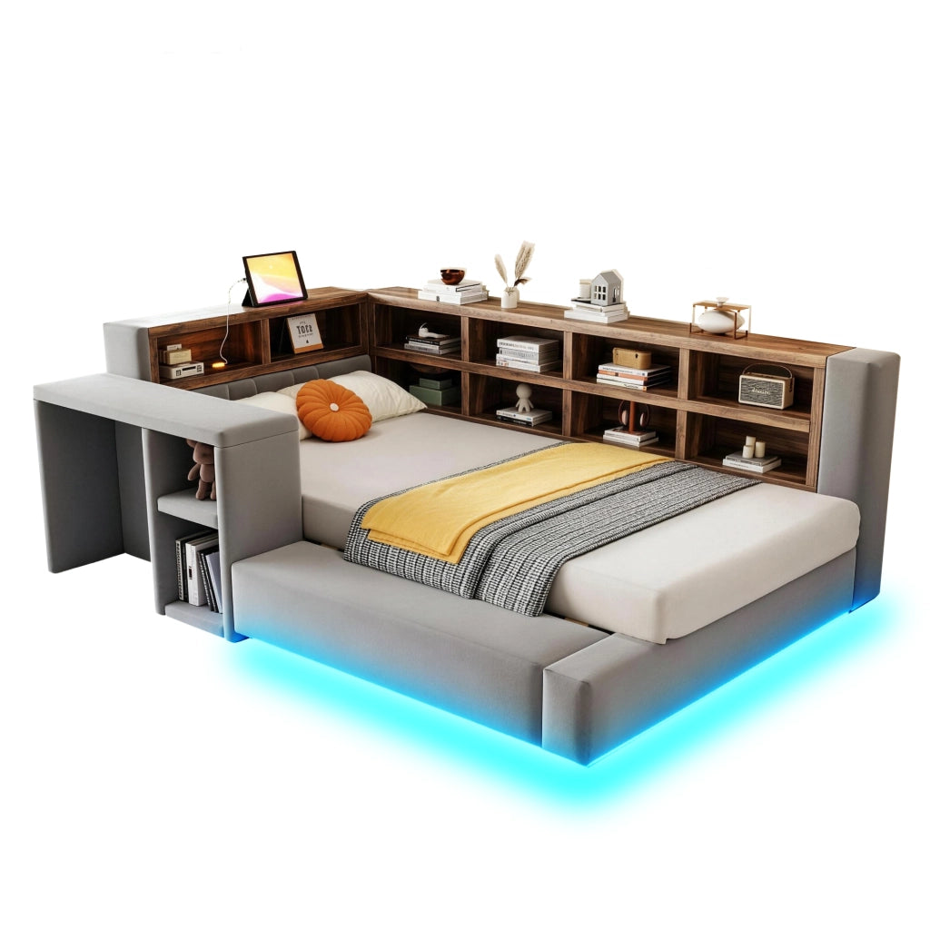 Letto Imbottito 90x200 cm Singolo Grigio Scuro con Testiera Portaoggetti; LED e Prese Integrate