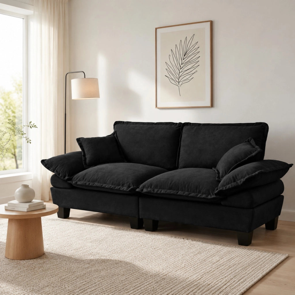 Divano a 2 posti in ciniglia nero con braccioli rimovibili e struttura in legno 194 × 82 × 90 cm