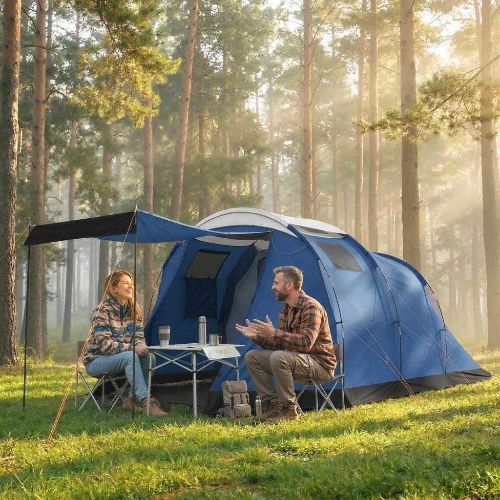 Tenda da Campeggio a Tunnel per 4 Persone Impermeabile 3000mm a Doppio Strato Altezza 190cm in Poliestere Blu Scuro con Veranda per Outdoor