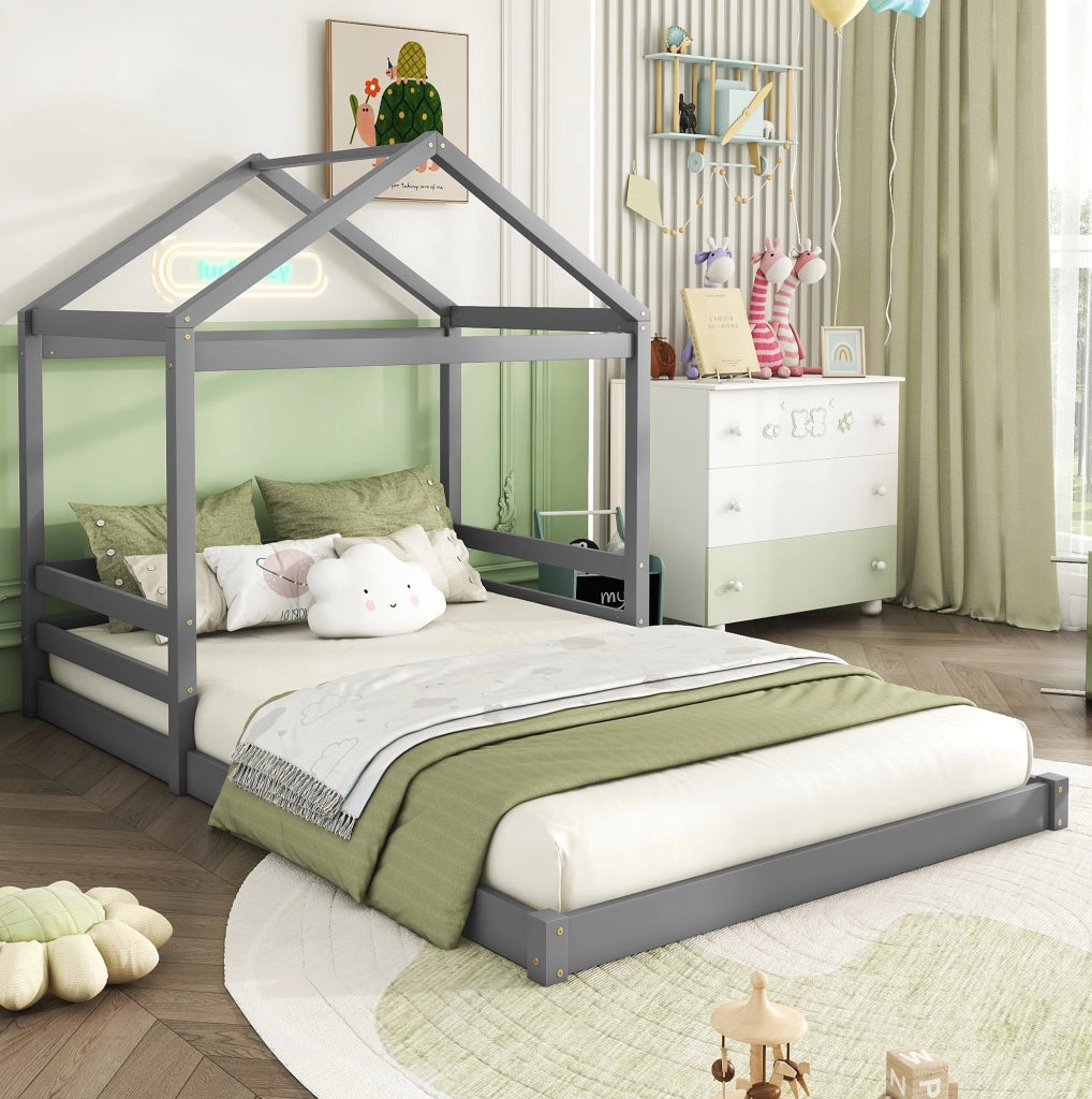 LETTO a casetta 140x200 cm in legno di pino e MDF grigio con rete a doghe