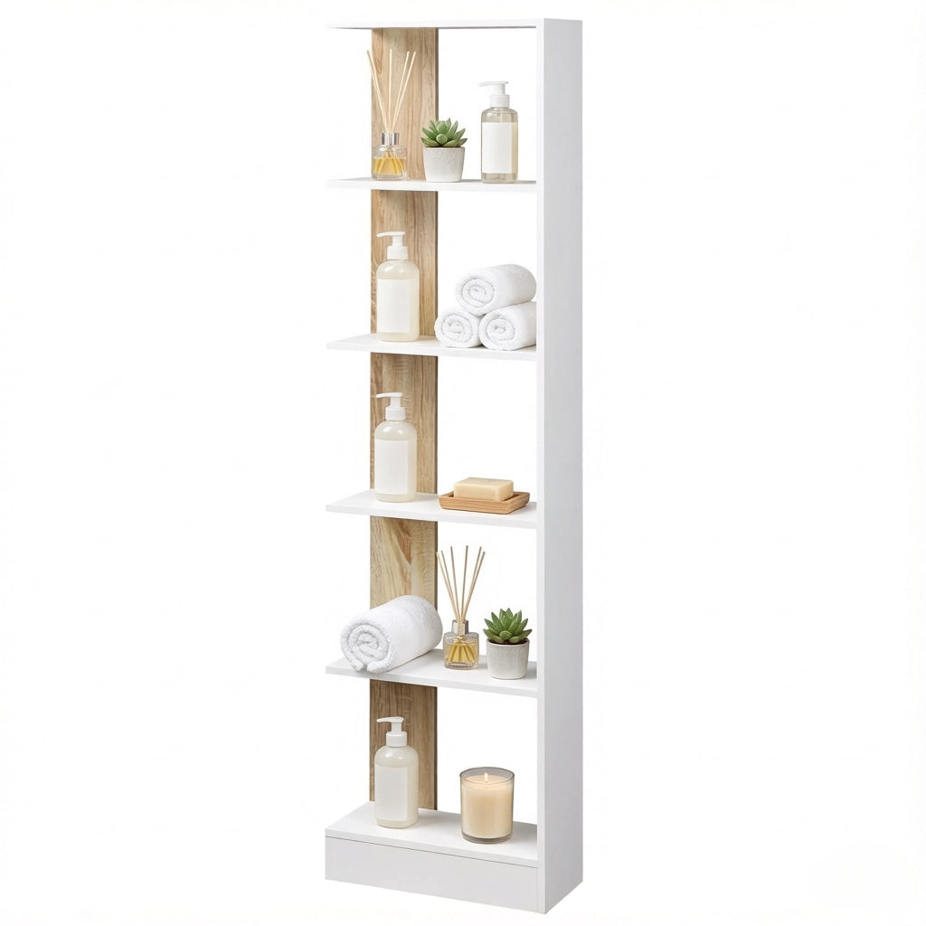 Libreria 45x21x170 cm con 5 vani aperti in truciolare bianco e rovere