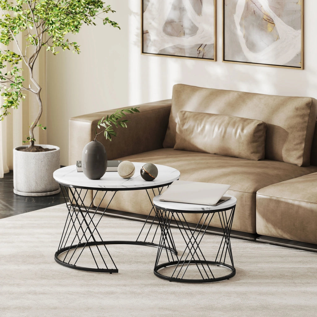 Set di 2 Tavolini da Salotto Sovrapponibili Rotondi Effetto Marmo Bianco e Metallo Design Moderno Salvaspazio per Casa