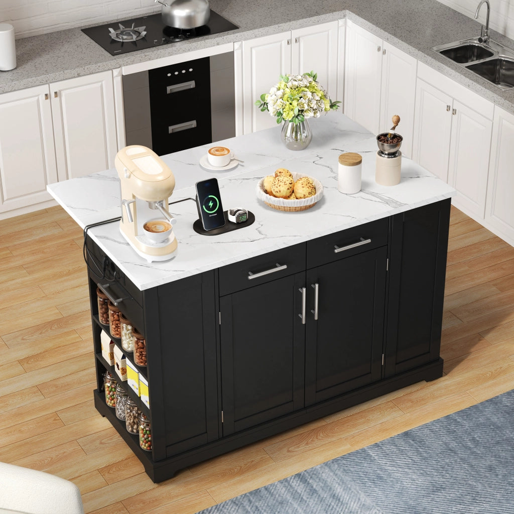 Mobile da cucina con piano ribaltabile; ruote; presa EU e vano rifiuti estraibile nero in MDF 138 × 86 × 92 cm
