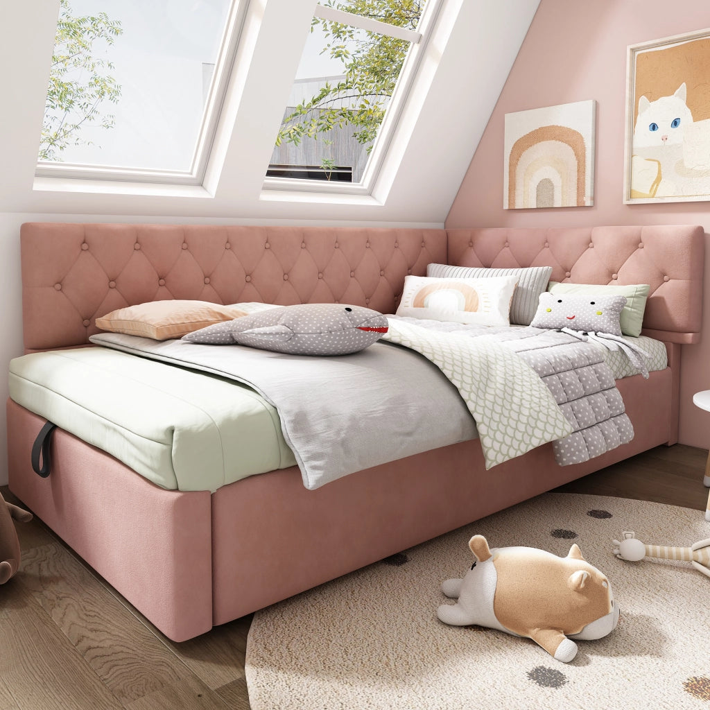 Divano Letto Singolo 90x200 con Contenitore Idraulico; Testiera Reversibile; in Velluto Rosa