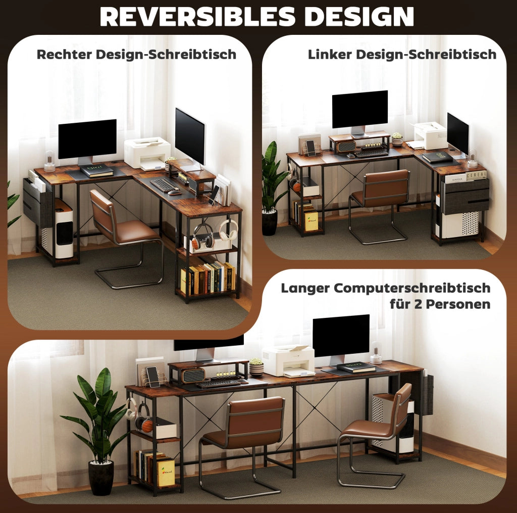 Scrivania angolare a L 168x120 cm con ripiani e portaoggetti, supporto monitor ergonomico, marrone rustico