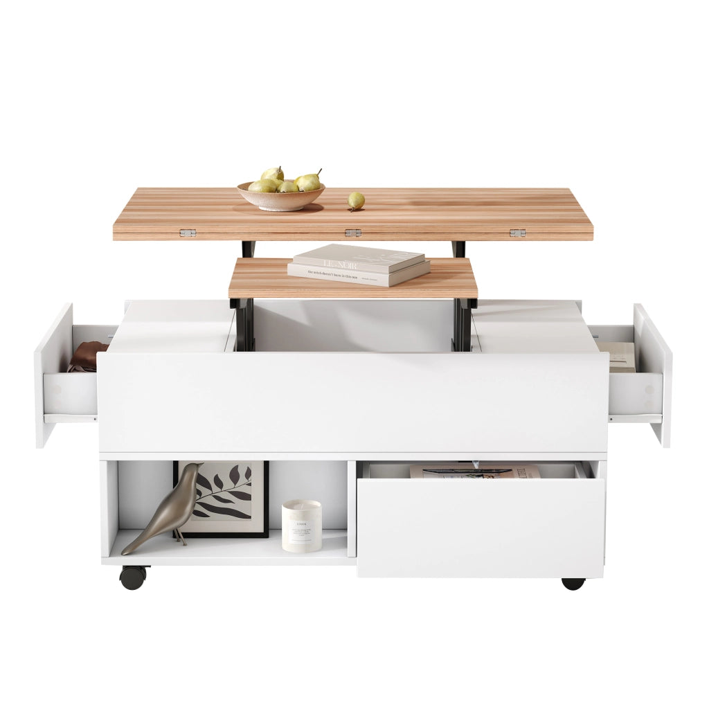 Tavolino da salotto elevabile e allungabile 100x50 cm con cassetti; bianco e rovere