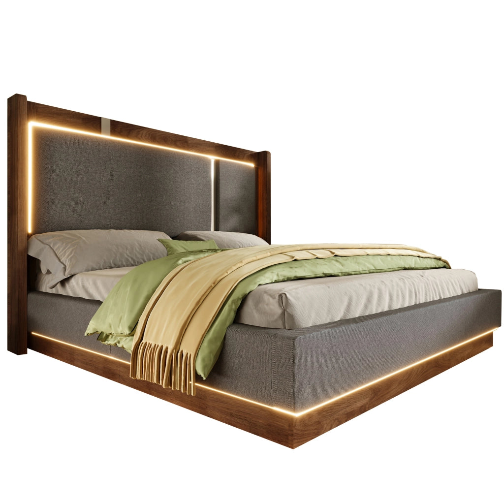 Letto Matrimoniale 140x200 con Contenitore, LED e Rete a Doghe, Tessuto Lino Grigio e Noce, Senza Materasso
