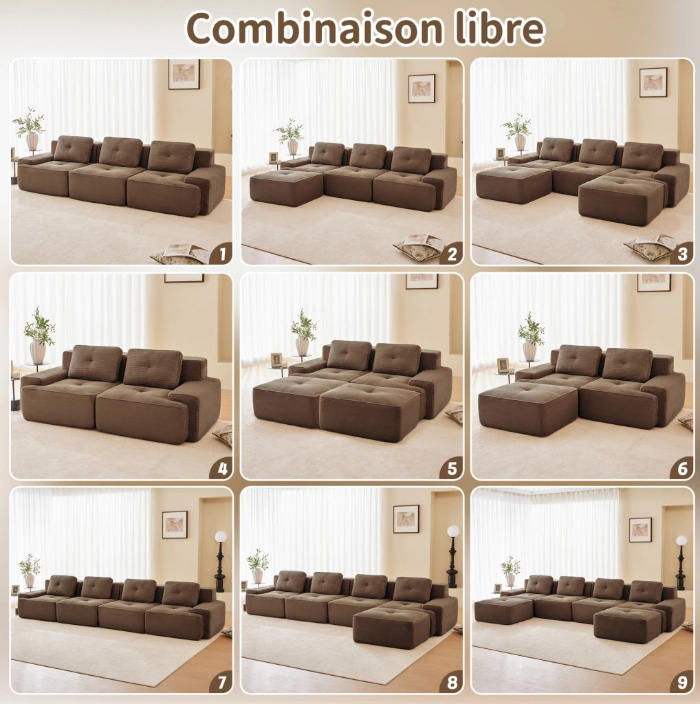 Sofa modulare senza braccioli a L in tessuto di velluto a coste marrone, 4 posti, imbottitura profonda per soggiorno