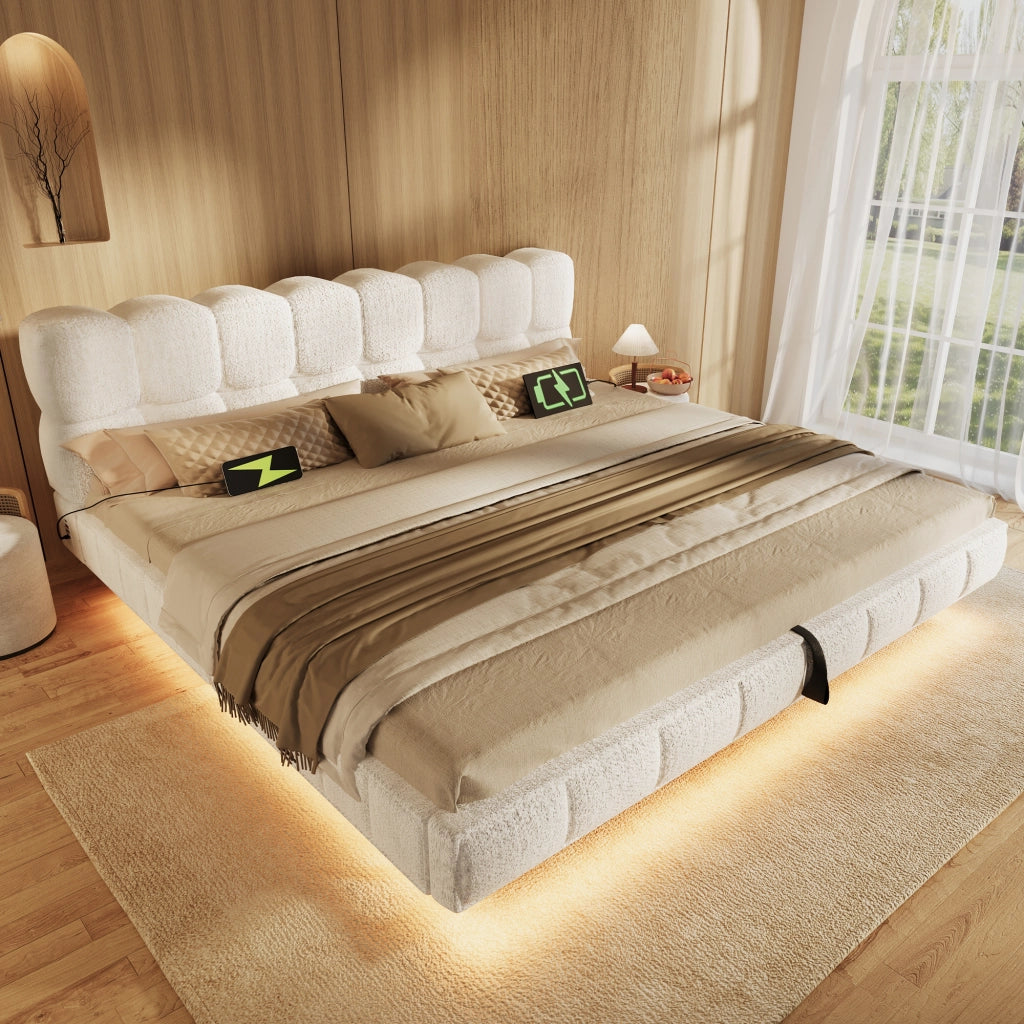 Desviae Letto matrimoniale 140 × 200 cm con contenitore LED e ricarica USB Tipo-C in chenille beige con rete a doghe