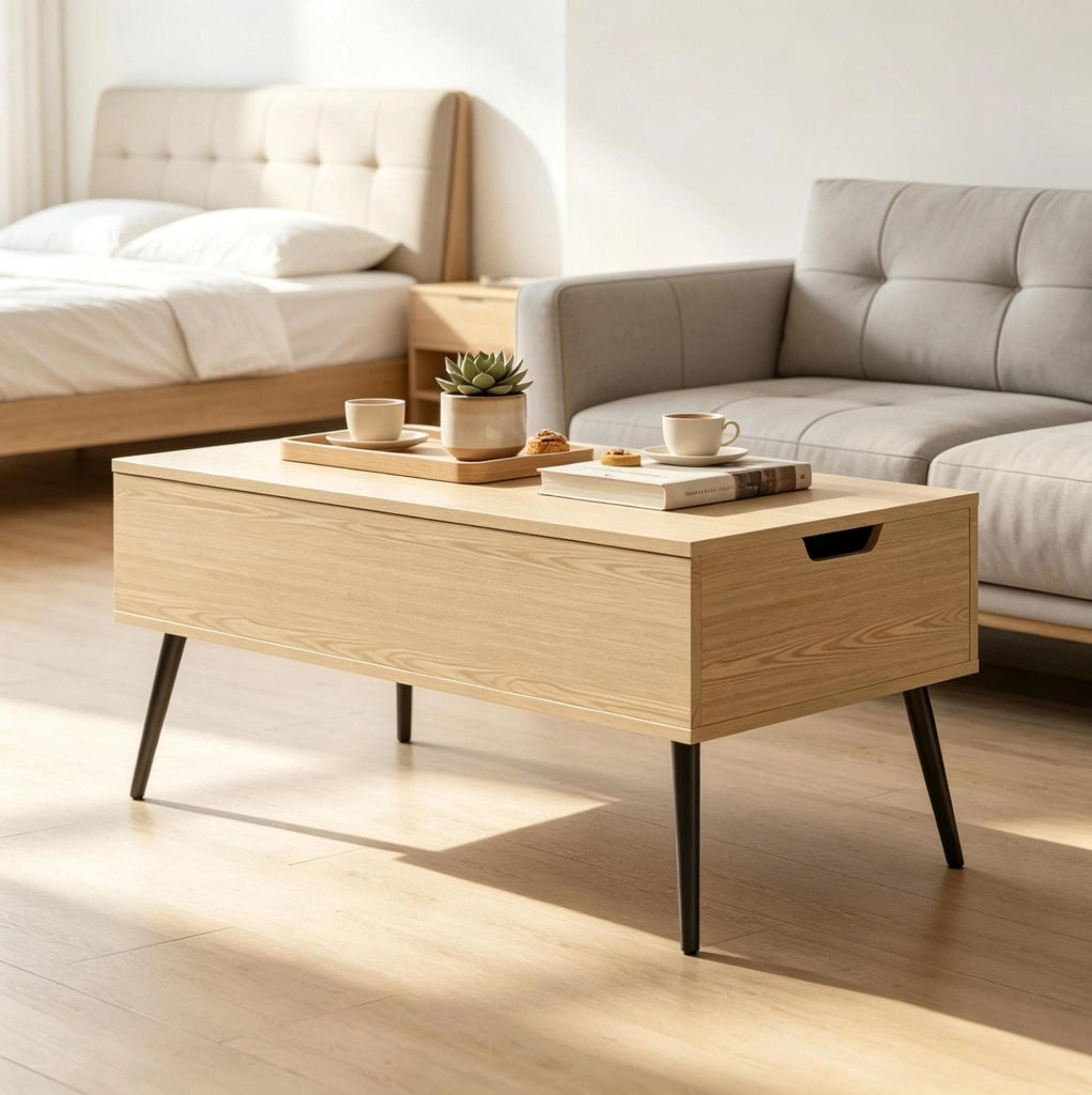 Tavolino da salotto multifunzione con piano rialzabile, effetto legno naturale e gambe in metallo nero, 100x50x43,6 cm