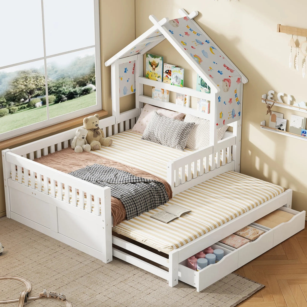 Letto a piattaforma in legno forma casa 140x200 cm, bianco, con letto estraibile, 3 cassetti e sponde di sicurezza