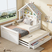 Letto a piattaforma in legno forma casa 140x200 cm, bianco, con letto estraibile, 3 cassetti e sponde di sicurezza