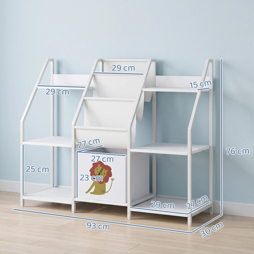 Libreria Montessoriana per Bambini 3-8 Anni con 3 Ripiani in Tessuto, Scomparti in Legno e Cassetto, Bianco