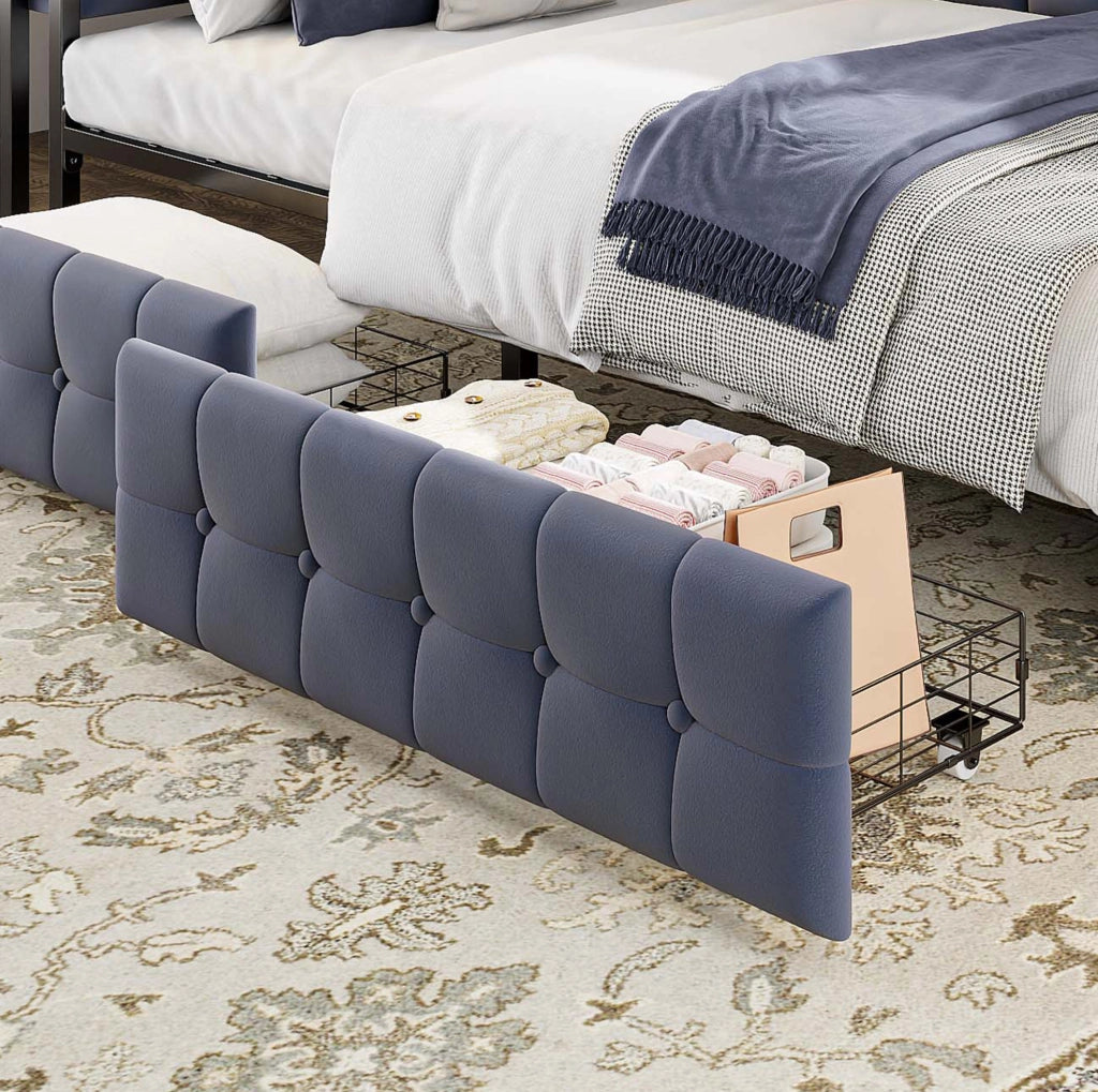 Divano letto imbottito 90x200 cm con 2 cassetti; LED; USB e Type-C; grigio