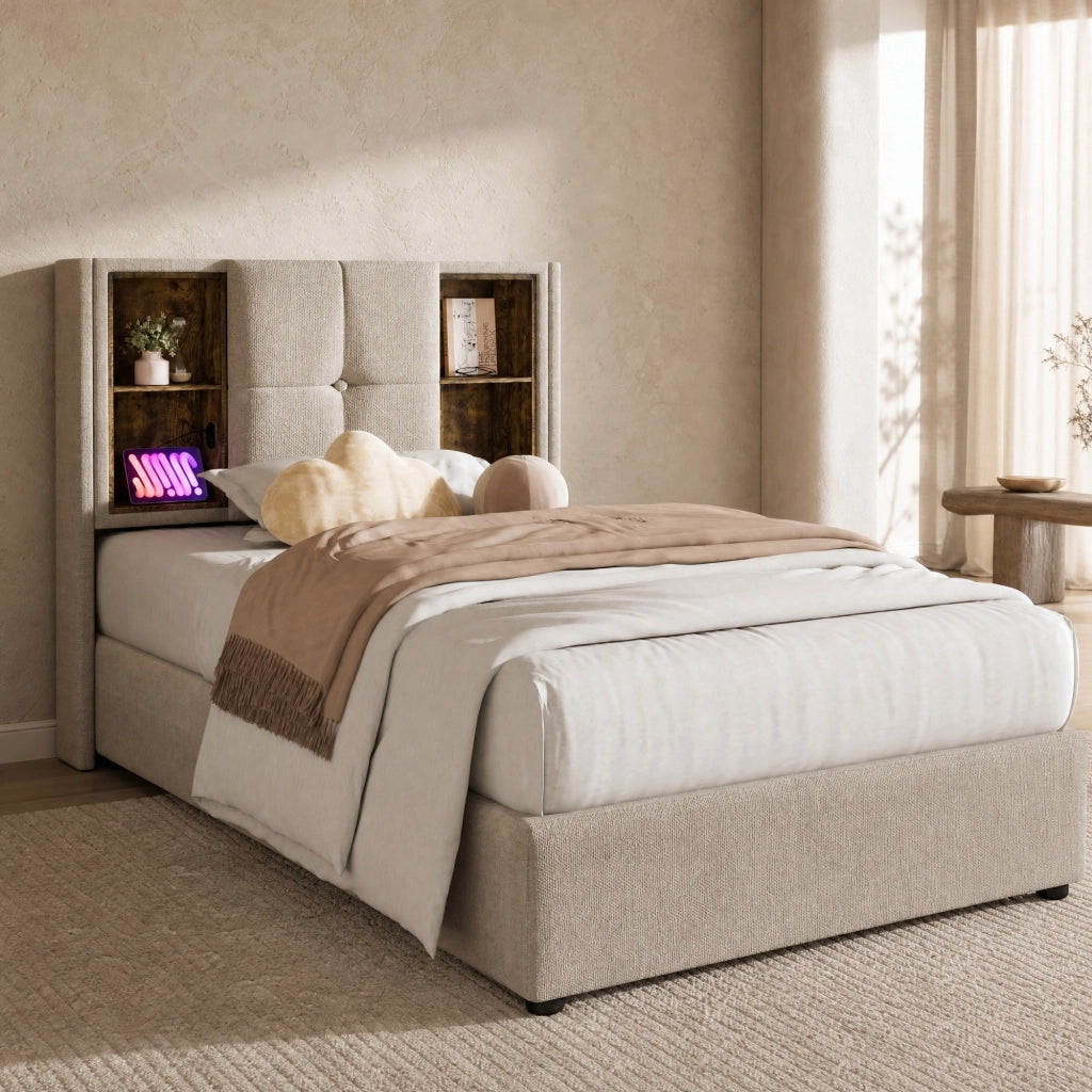 Letto imbottito 90 x 200 cm con ricarica wireless, USB-C e contenitore