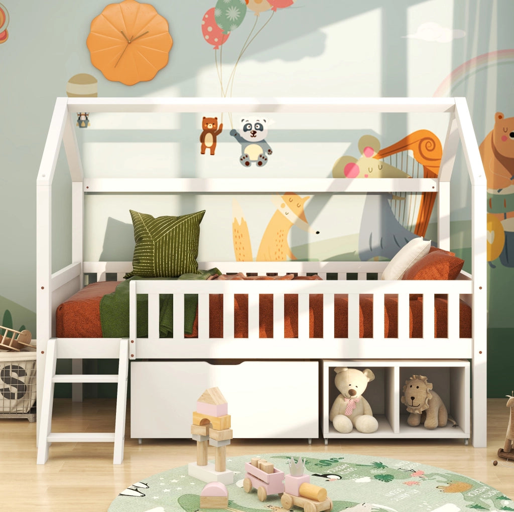 Letto a soppalco per bambini 200x90 cm con cassetti e ripiani, barriera anti-caduta, bianco, in legno di pino