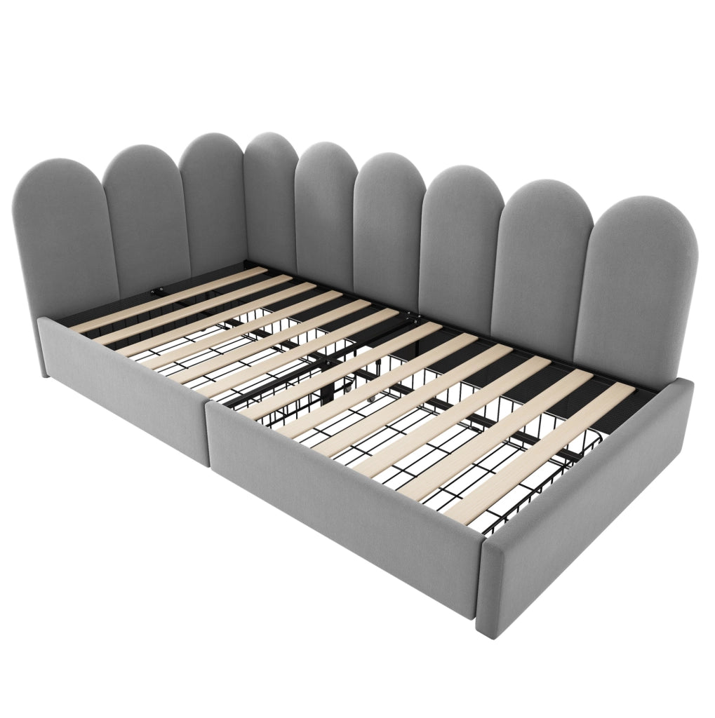 Letto imbottito con 2 cassetti, struttura L e rivestimento in velluto grigio 90x190 cm