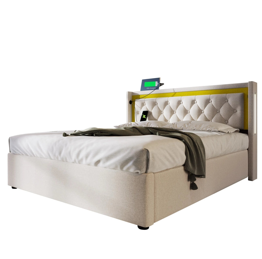 Letto matrimoniale imbottito 140x200 cm con LED, USB e Type-C, contenitore, beige chiaro