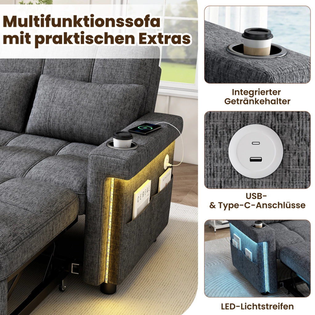 DIVANO LETTO 2 Posti 145 x 141,5 cm Chenille Grigio LED USB Type-C