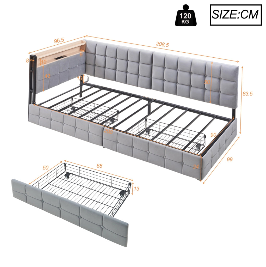 Divano letto imbottito 90x200 con 2 cassetti; LED; USB e Type-C; grigio
