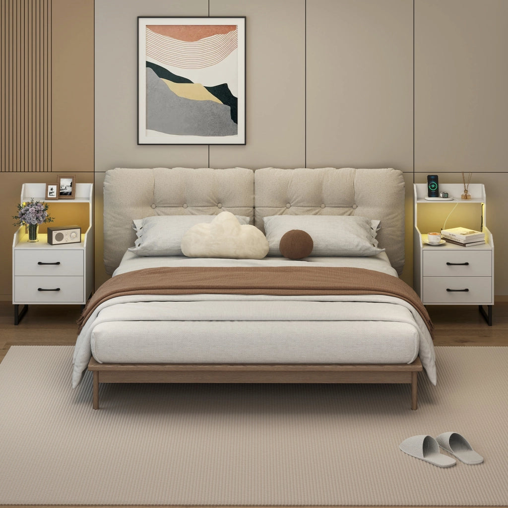 Comodino moderno con stazione di ricarica integrata luci led 2 cassetti e mensola aperta-Tavolino da notte per camera da letto corridoio soggiorno