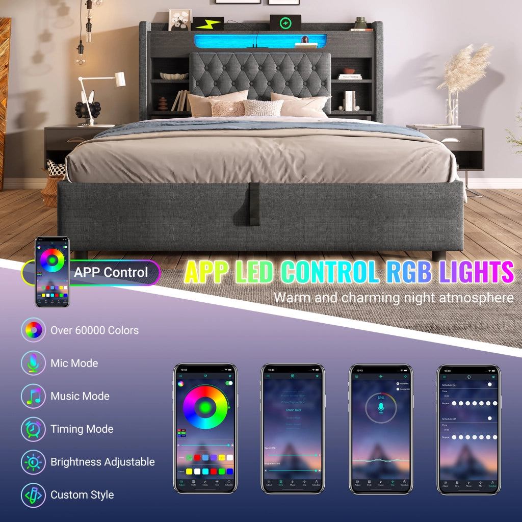 Letto contenitore idraulico 140x190 cm grigio con illuminazione LED
