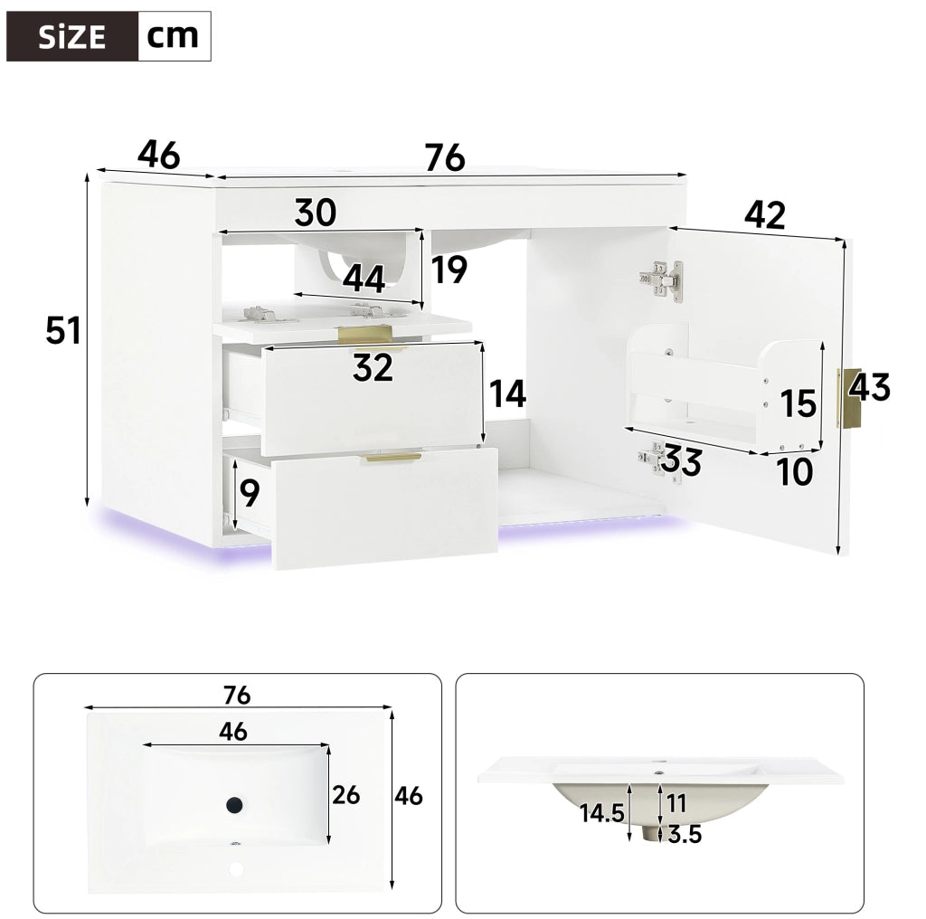 Mobile bagno sospeso 76 cm con lavabo in ceramica e LED smart bianco HOMVRA