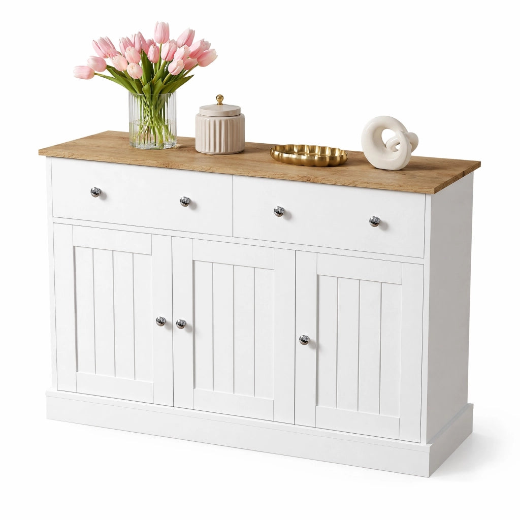 Credenza bianca e finitura legno con 3 ante e 2 cassetti