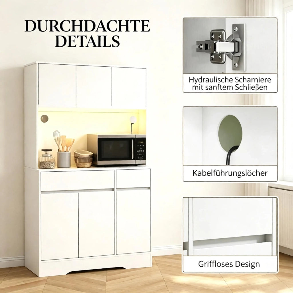 Alta credenza da cucina con illuminazione LED RGB, piano di lavoro, 6 ante e 2 cassetti, mobile contenitore per la cucina