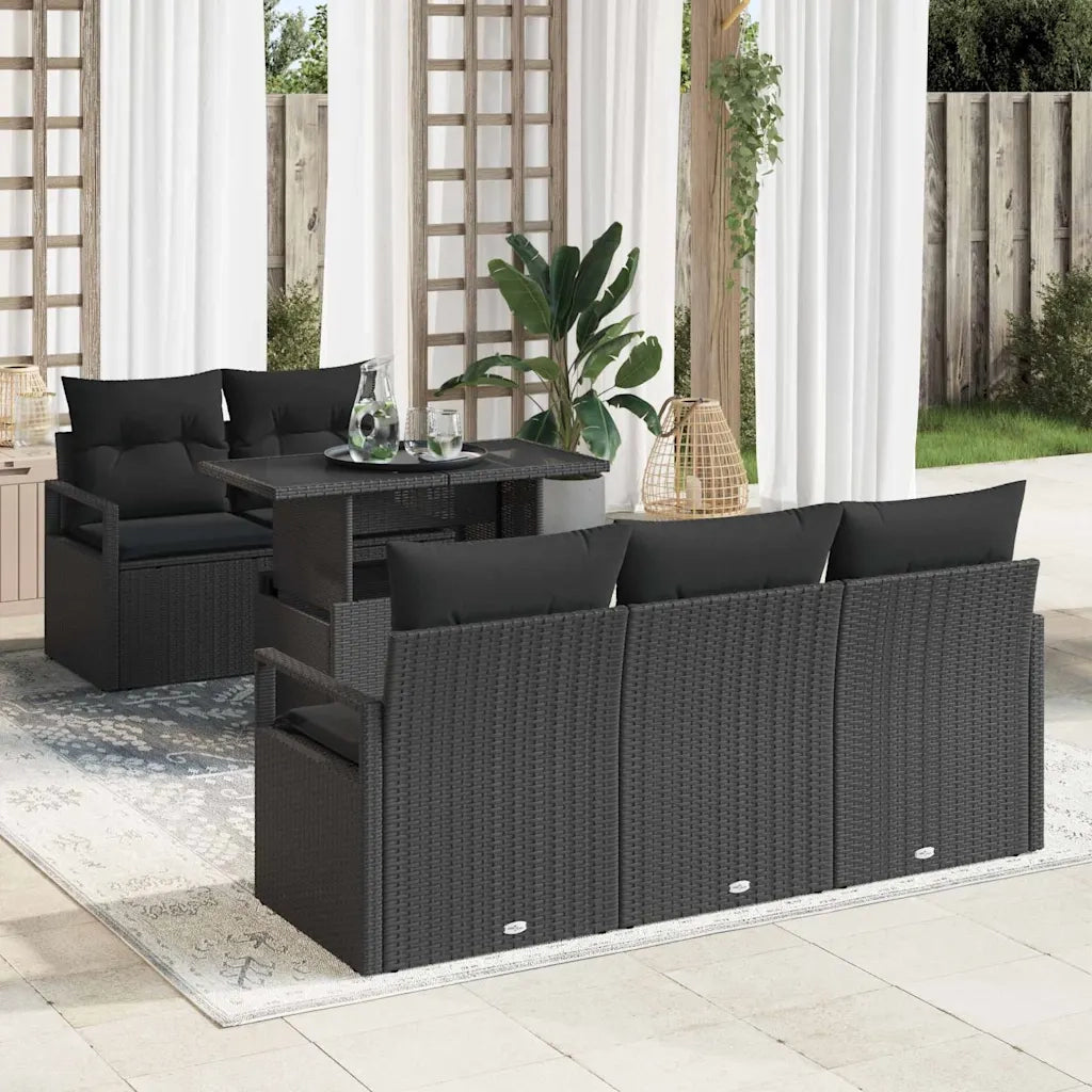 Set Divano da Giardino con cuscino 6 pcs Nero Poly Rattan
