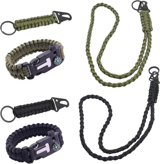 Paracord per Campeggio all'Aperto - Duraturo & Multifunzionale con Occhiello di Carabina & Compasso - Escursionismo Survival Campeggio (Nero + Verde)