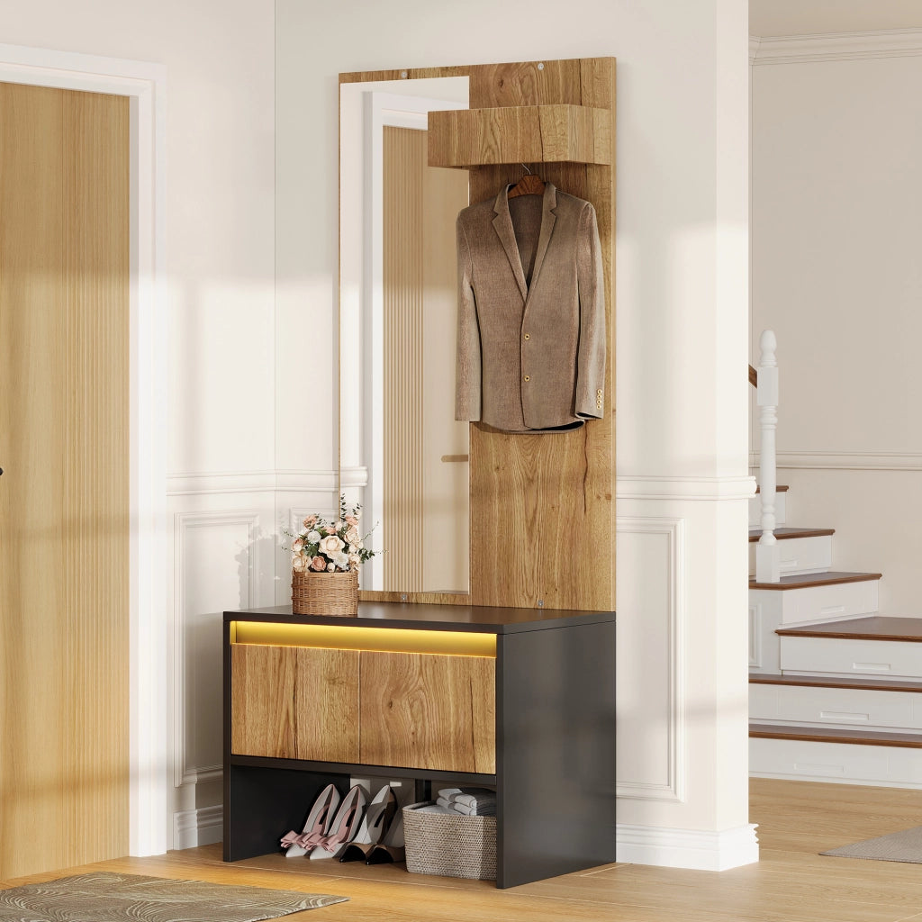 Mobile da ingresso con appendiabiti, specchio, panca portascarpe e 2 cassetti, nero e naturale, 60 × 38 × 145 cm