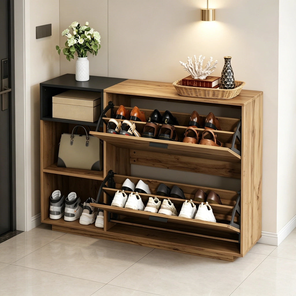 Scarpiera per ingresso con 3 vani aperti e 2 scomparti a ribalta in MDF naturale e nero 120 × 32 × 84.5 cm