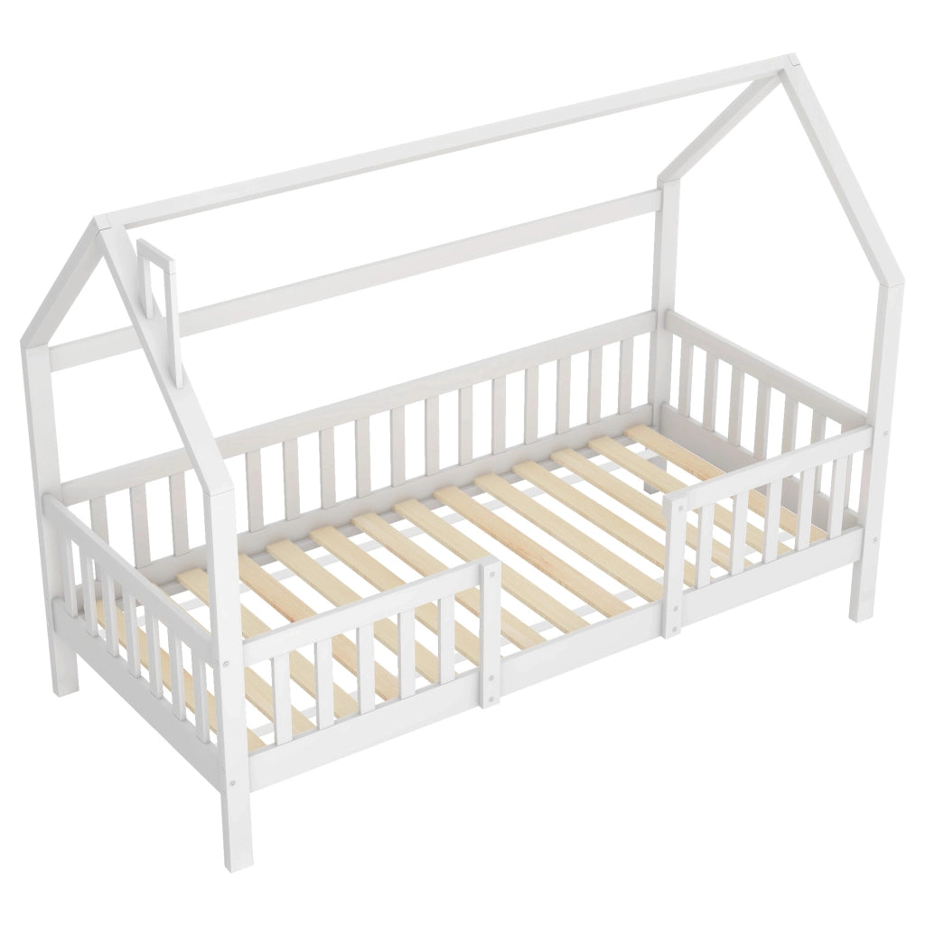 LETTO a casetta con tetto e recinto 90x200 cm in legno di pino bianco