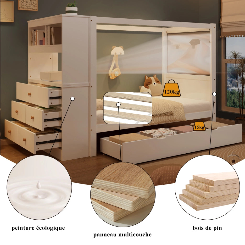 Letto singolo 90 × 200 cm con 5 cassetti e cassetto estraibile in legno bianco con sponde e barra superiore