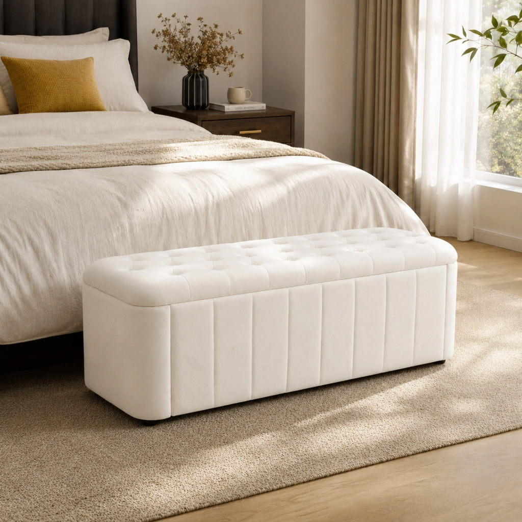 Panca contenitore imbottita in velluto beige con schienale capitonné; seduta per soggiorno e ingresso