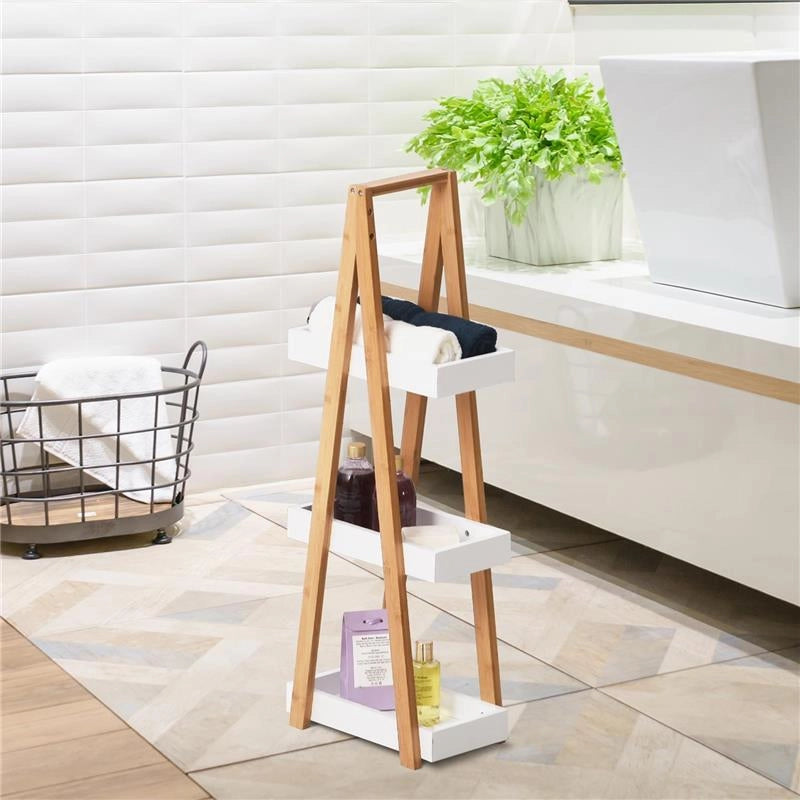 SCAFFALE BAGNO 3 RIPIANI IN MDF E BAMBÙ, 30X18X81CM, COLORE LEGNO E GRIGIO