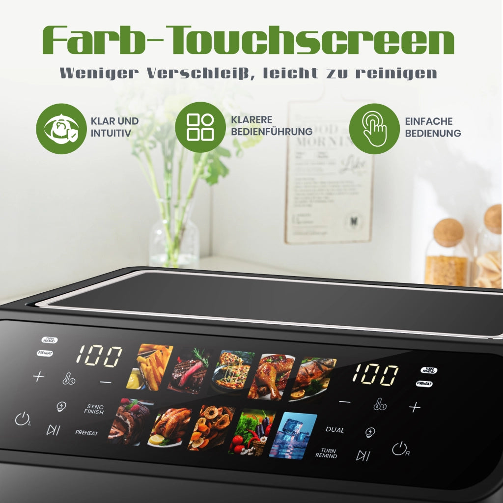 Friggitrice ad aria a doppio cestello 9 l 2000 W con display LED touch temperatura 80–200 °C e timer 60 min nera